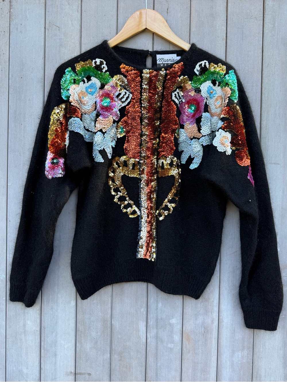 Vintage Marnie West Silk Angora Floral Sequins Black Soft Pullover Sweater sz L